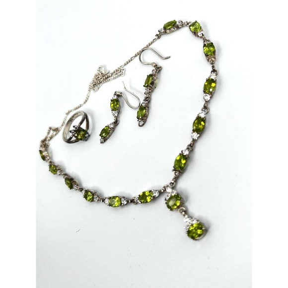 Natural Peridot Gemstone 925 sterling silver Handmade necklace Set Earning Ring - Picture 7 of 10